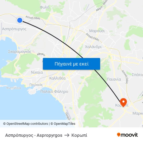 Ασπρόπυργος - Aspropyrgos to Κορωπί map
