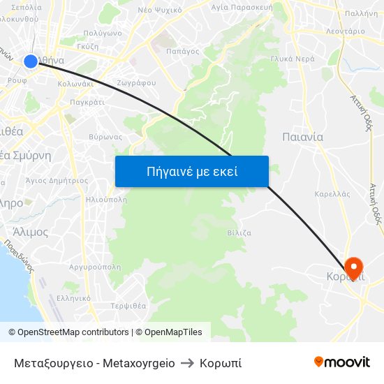 Μεταξουργειο - Metaxoyrgeio to Κορωπί map