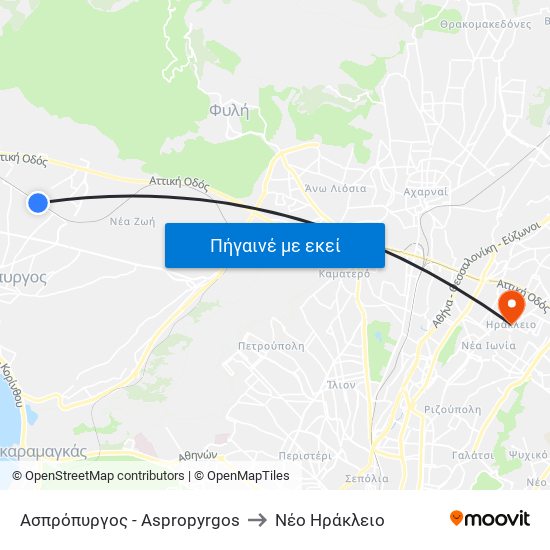 Ασπρόπυργος - Aspropyrgos to Νέο Ηράκλειο map
