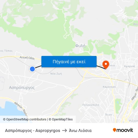 Ασπρόπυργος - Aspropyrgos to Άνω Λιόσια map