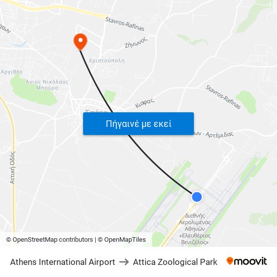 Athens International Airport to Attica Zoological Park map