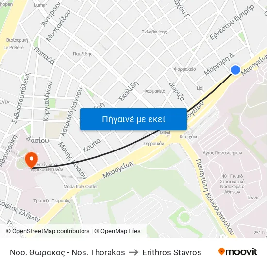 Νοσ. Θωρακος - Nos. Thorakos to Erithros Stavros map