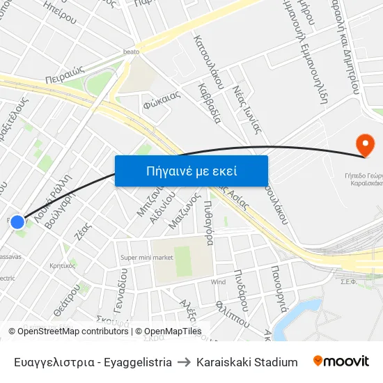 Ευαγγελιστρια - Eyaggelistria to Karaiskaki Stadium map