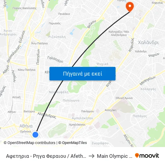 Αφετηρια - Ρηγα Φεραιου / Afethria - Rhga Feraioy to Main Olympic Stadium map