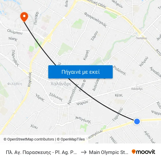 Πλ. Αγ. Παρασκευης - Pl. Ag. Paraskeyhs to Main Olympic Stadium map