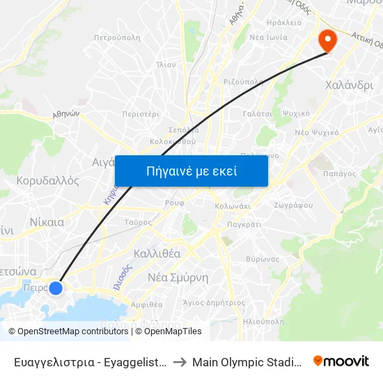 Ευαγγελιστρια - Eyaggelistria to Main Olympic Stadium map