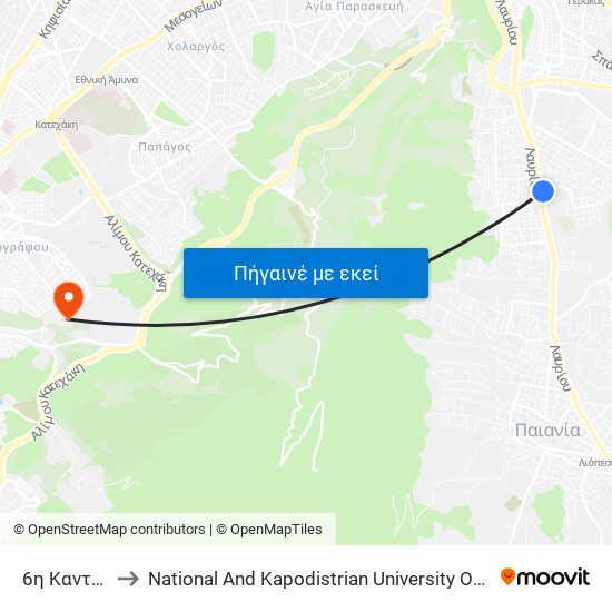 6η Καντζας to National And Kapodistrian University Of Athens map