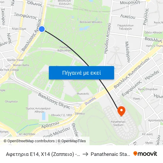 Αφετηρία Ε14, Χ14 (Ζάππειο) to Panathenaic Stadium map