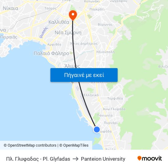 Πλ. Γλυφαδας - Pl. Glyfadas to Panteion University map