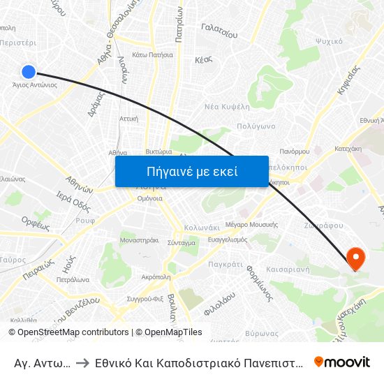 Αγ. Αντωνιος to Εθνικό Και Καποδιστριακό Πανεπιστήμιο Αθηνών map
