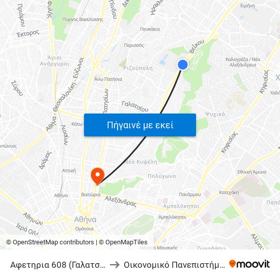 Αφετηρια 608 (Γαλατσι) - Galatsi to Οικονομικό Πανεπιστήμιο Αθηνών map