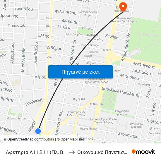 Αφετηρια Α11,Β11 (Πλ. Βαθησ) - Pl. Vathi to Οικονομικό Πανεπιστήμιο Αθηνών map