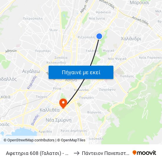 Αφετηρια 608 (Γαλατσι) - Galatsi to Πάντειον Πανεπιστήμιο map