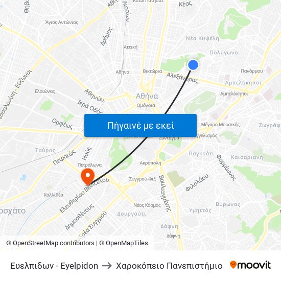 Ευελπιδων - Eyelpidon to Χαροκόπειο Πανεπιστήμιο map