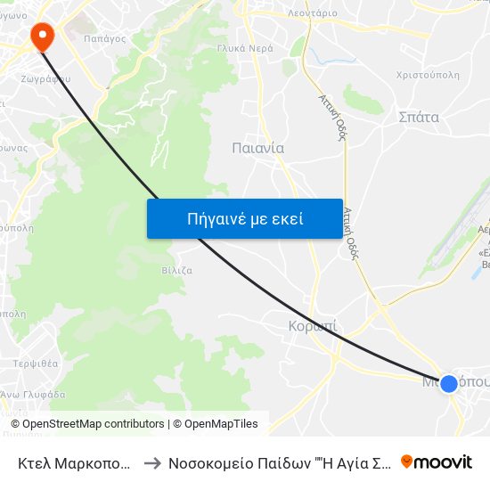 Κτελ Μαρκοπούλου to Νοσοκομείο Παίδων ""Η Αγία Σοφία"" map