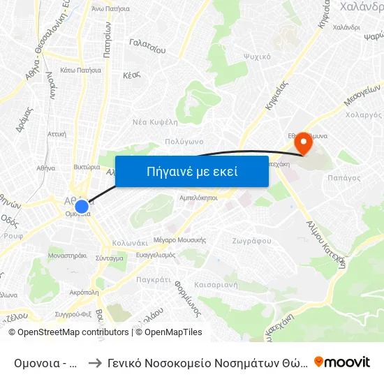 Ομονοια - Omonoia to Γενικό Νοσοκομείο Νοσημάτων Θώρακος "Η Σωτηρία" map