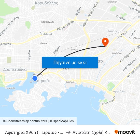 Αφετηρια Χ96n (Πειραιας - Πλ.Καραισκακη)) to Ανωτάτη Σχολή Καλών Τεχνών map