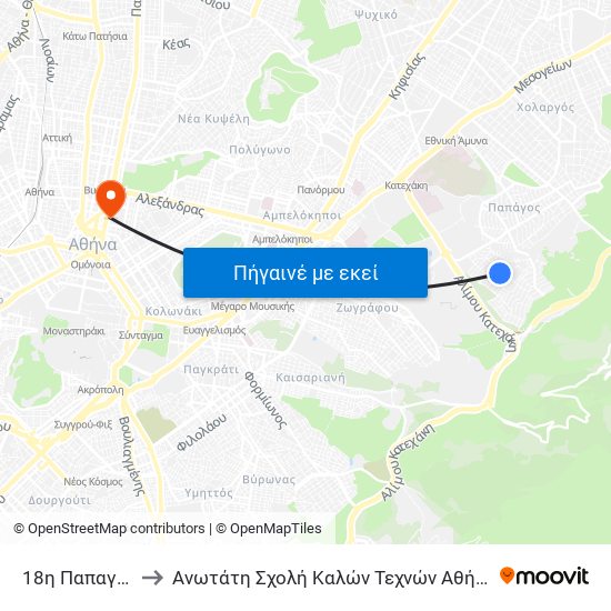 18η Παπαγου to Ανωτάτη Σχολή Καλών Τεχνών Αθήνας map
