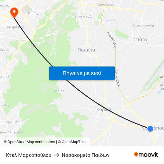 Κτελ Μαρκοπούλου to Νοσοκομείο Παίδων map