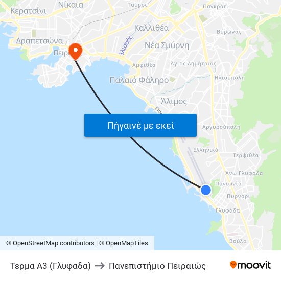 Τερμα A3 (Γλυφαδα) to Πανεπιστήμιο Πειραιώς map