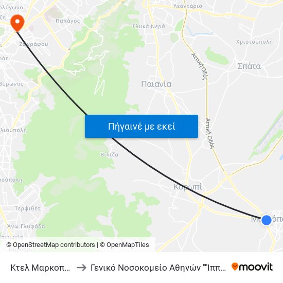 Κτελ Μαρκοπούλου to Γενικό Νοσοκομείο Αθηνών ""Ιπποκράτειο"" map
