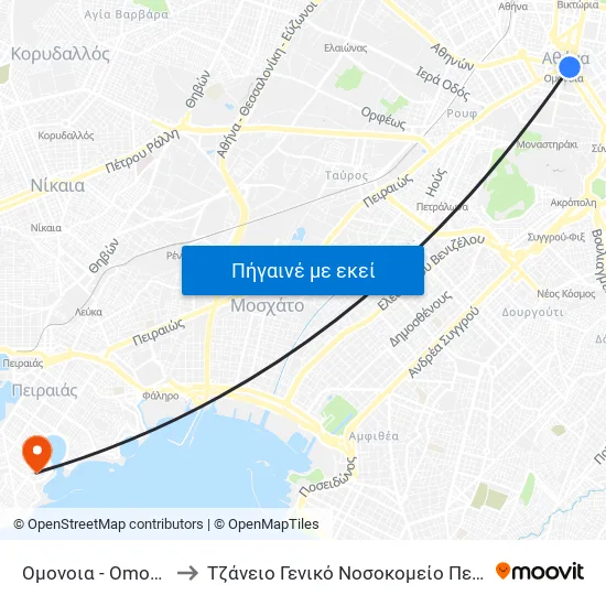 Ομονοια - Omonoia to Τζάνειο Γενικό Νοσοκομείο Πειραιά map