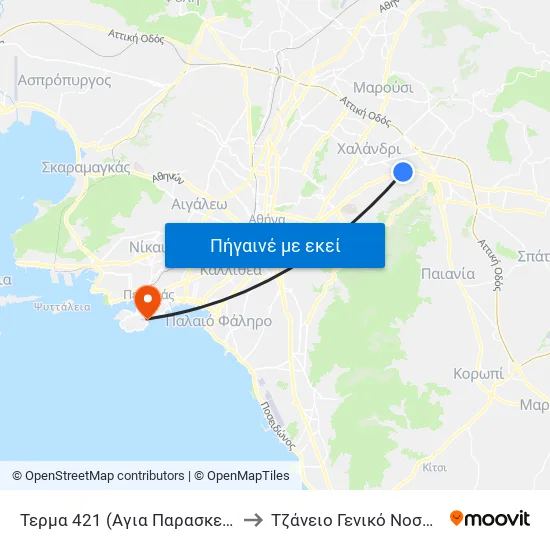 Τερμα 421 (Αγια Παρασκευη) - Agia Paraskeyh to Τζάνειο Γενικό Νοσοκομείο Πειραιά map