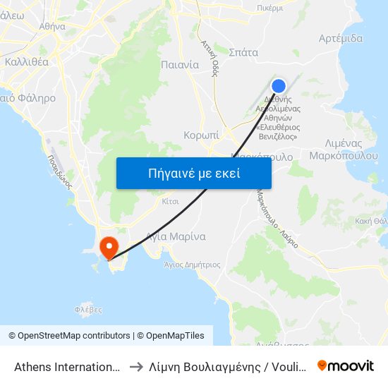 Athens International Airport to Λίμνη Βουλιαγμένης / Vouliagmeni Lake map