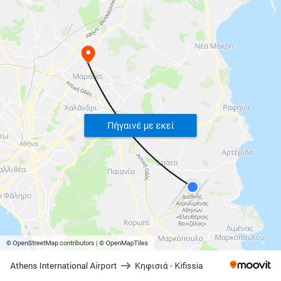 Athens International Airport to Κηφισιά - Kifissia map
