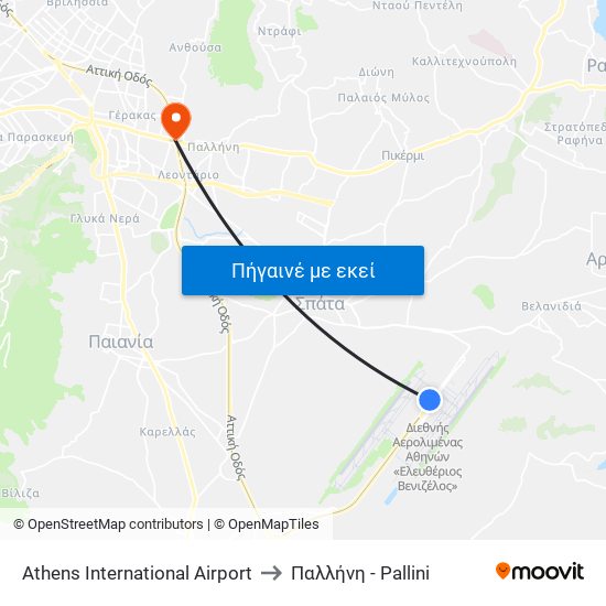 Athens International Airport to Παλλήνη - Pallini map