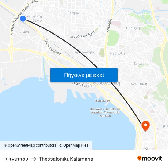 Φιλίππου to Thessaloniki, Kalamaria map