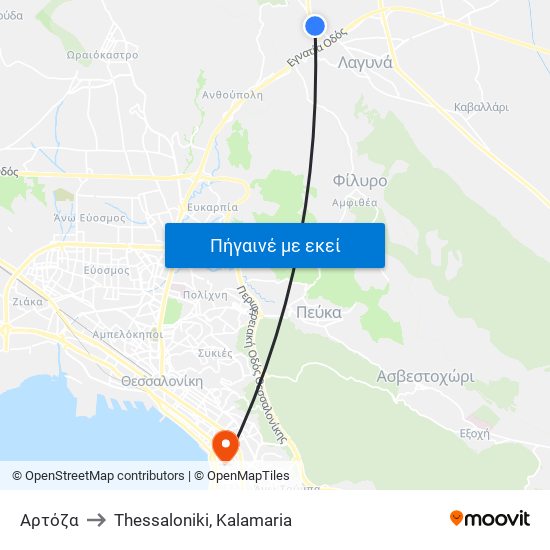 Αρτόζα to Thessaloniki, Kalamaria map