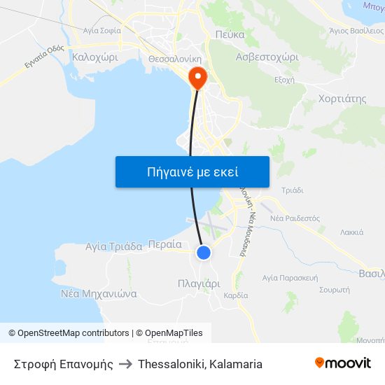 Στροφή Επανομής to Thessaloniki, Kalamaria map
