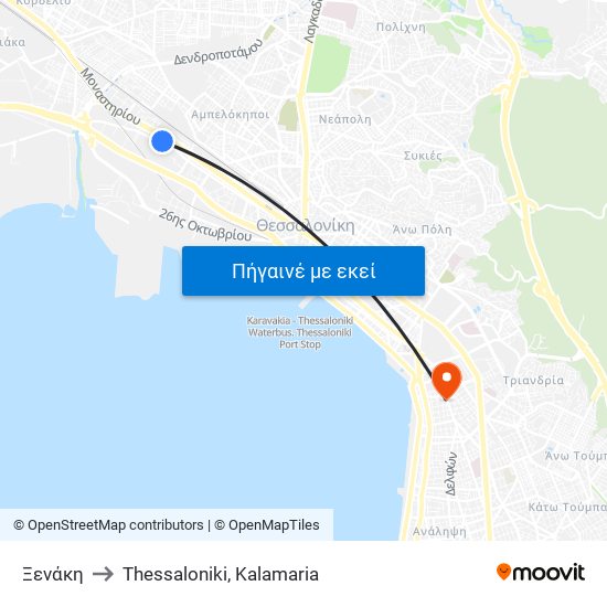 Ξενάκη to Thessaloniki, Kalamaria map