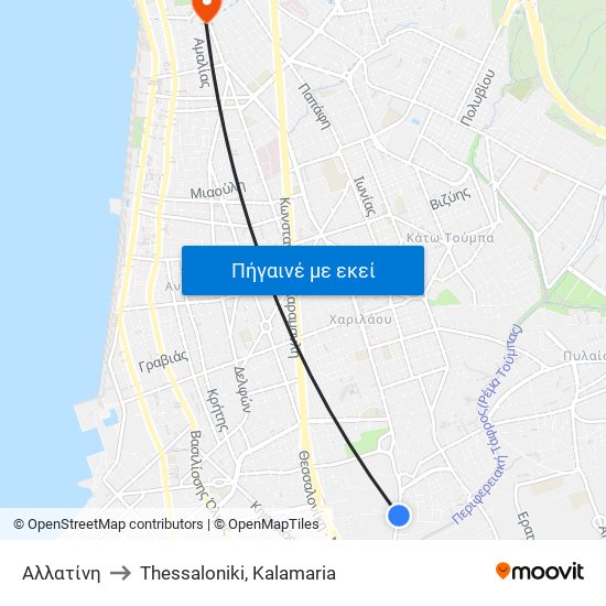 Αλλατίνη to Thessaloniki, Kalamaria map