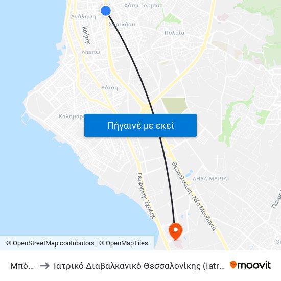 Μπότσαρη to Ιατρικό Διαβαλκανικό Θεσσαλονίκης (Iatriko Diavalkaniko Thessalonikis) map