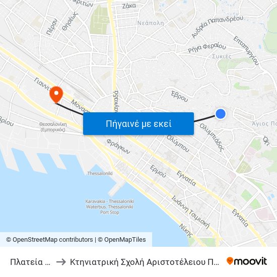 Πλατεία Τσιτσάνη to Κτηνιατρική Σχολή Αριστοτέλειου Πανεπιστήμιου Θεσσαλονίκης map