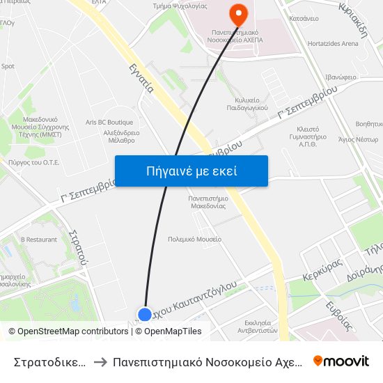 Στρατοδικείο to Πανεπιστημιακό Νοσοκομείο Αχεπα map