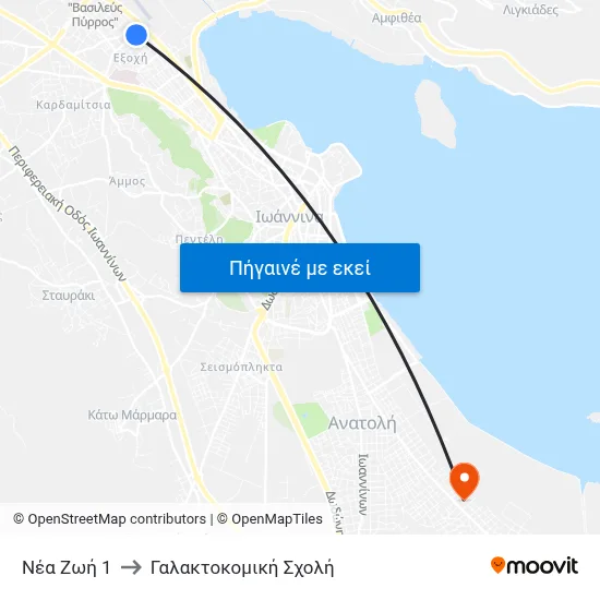 Νέα Ζωή 1 to Γαλακτοκομική Σχολή map