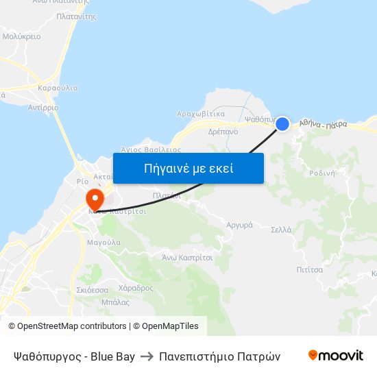 Ψαθόπυργος - Blue Bay to Πανεπιστήμιο Πατρών map