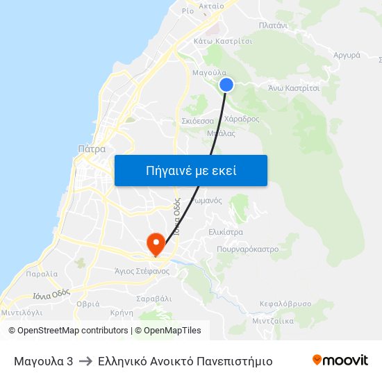 Μαγουλα 3 to Ελληνικό Ανοικτό Πανεπιστήμιο map