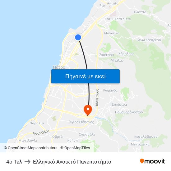 4ο Τελ to Ελληνικό Ανοικτό Πανεπιστήμιο map