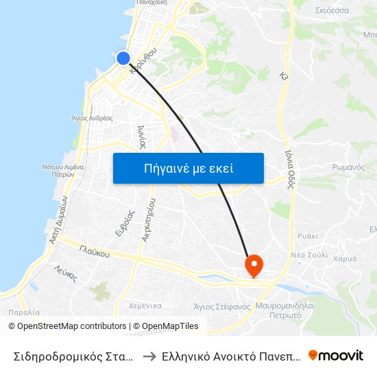Σιδηροδρομικός Σταθμός Πάτρας to Ελληνικό Ανοικτό Πανεπιστήμιο ""Εαπ"" map