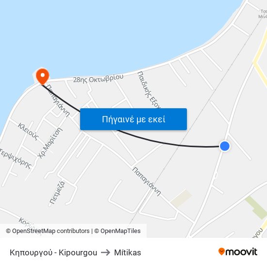 Κηπουργού - Kipourgou to Mítikas map