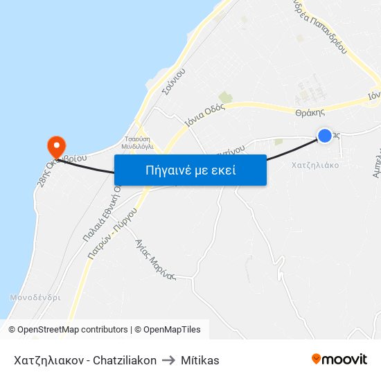 Χατζηλιακον - Chatziliakon to Mítikas map