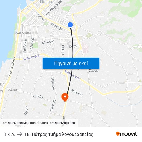 Ι.Κ.Α. to ΤΕΙ Πάτρας τμήμα λογοθεραπείας map