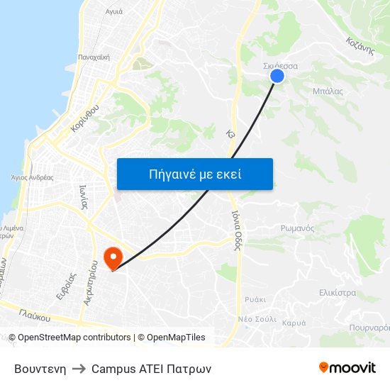 Βουντενη to Campus ATEI Πατρων map