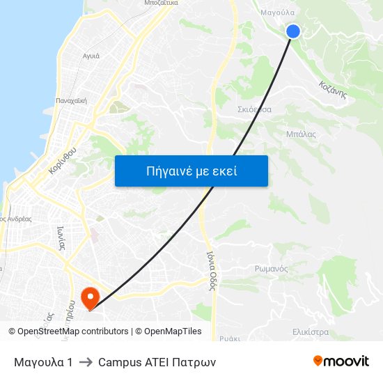 Μαγουλα 1 to Campus ATEI Πατρων map