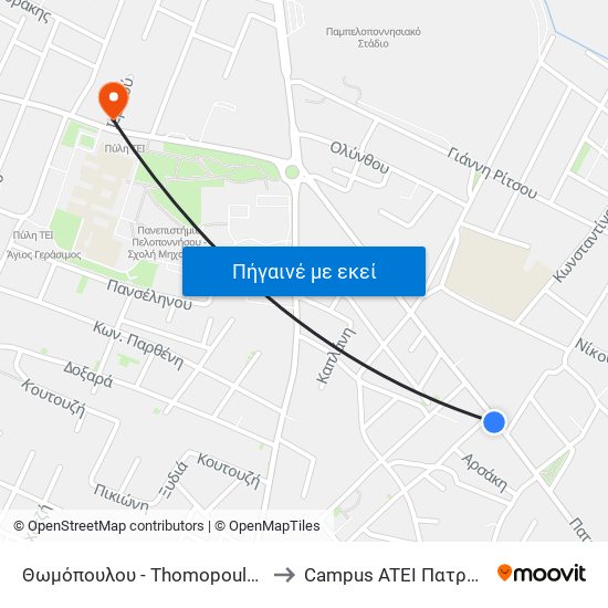 Θωμόπουλου - Thomopoulou to Campus ATEI Πατρων map