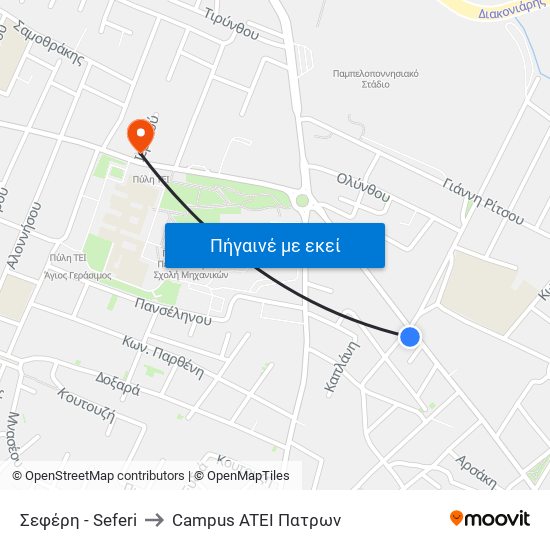 Σεφέρη - Seferi to Campus ATEI Πατρων map